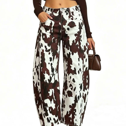 High Waist Cow Print Curved Knife Jeans Slimming Versatile Cow Patterned Stretch Denim Trousers for Women
