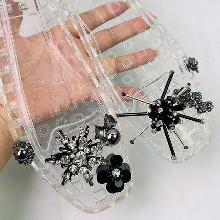 New Korean Ins Jelly Shoes Crystal Shoes Transparent Square Toe Clogs Summer Outdoor Commuting Lazy Slide Sandals