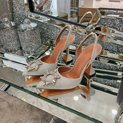2025 European and American Women's New High Heel Sandals Sunflower Water Diamond Buckle High Heels Pointed Heel Satin Shoes