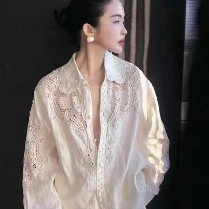 Limiguyue Spring Autumn White Hollow Out Shirt Women Floral Embroidery Blouses French Turn Down Collar Single Breast Tops T097