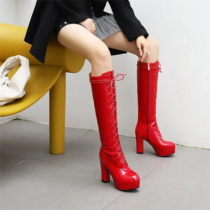 Big Size Women Knee-high Platform Boots 10cm High Chunky Heel Black Red Sexy Party Club Lady Round Toe Lace-up Zipper Long Boots