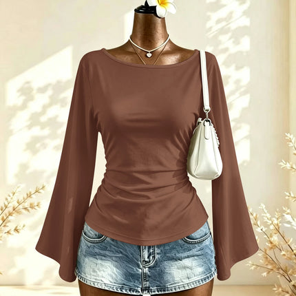 Boat Neck Flare Long Sleeve Side Ruched Fitted Casual Blouse Slim Fit Basic Top