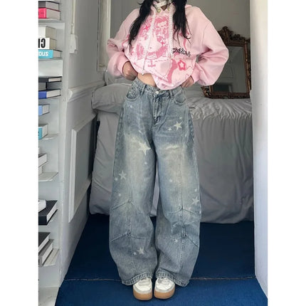 Women's Star Print Wide Leg Jeans Spring Autumn New American Style Loose Baggy Tapered Trousers Casual Streetwear Denim Pants