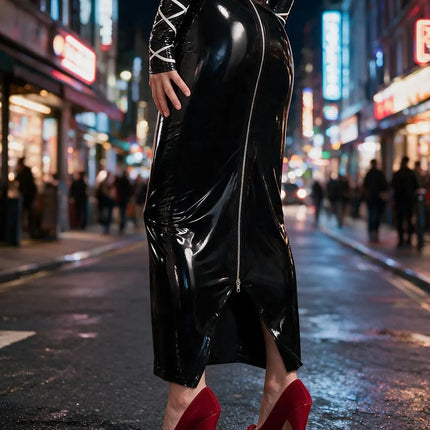 Women's Sexy Black Wet Look Glossy Faux Leather Skirt High Waist Stretch Bodycon Pencil Midi Zipper Split Club Party Summer 2026