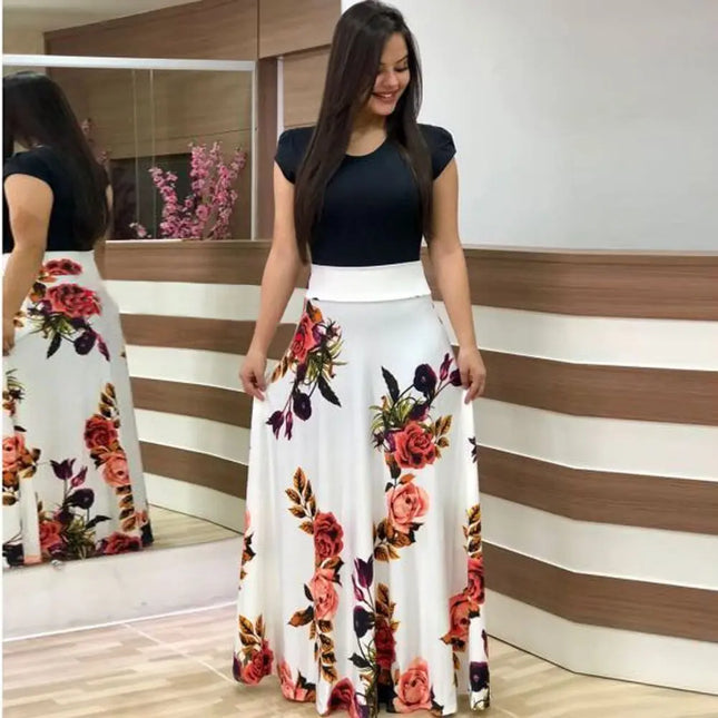 Kleid Damen Sommer Bohemian Digitaldruck Farbabstimmung Rundhals Kurzarm Hot-Style Kleider Lässig Vestidos YRW6881