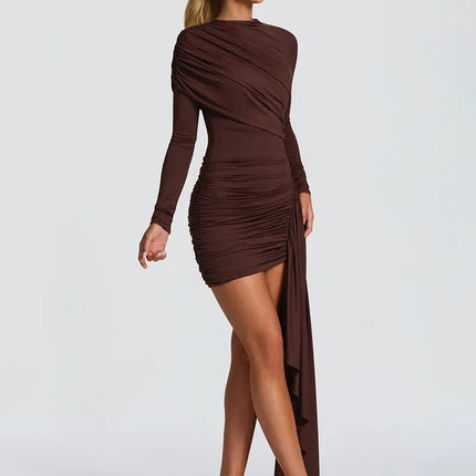 Long Sleeve Draped Ruched Sexy Mini Dress Women Gown Elegant O Neck High Waist Bodycon Club Party Dresses Female