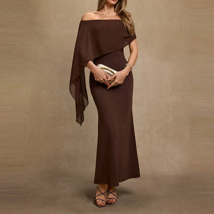 Fashion High Waist Temperament Long Dress Elegant Irregular Solid Party Dress Sexy Off Shoulder Draped Wrap Hips Dress