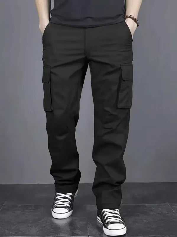 Pantalones de trabajo informales para hombre con múltiples bolsillos, ajuste holgado y cintura con cordón, adecuados para practicar senderismo, pesca y exploración al aire libre.