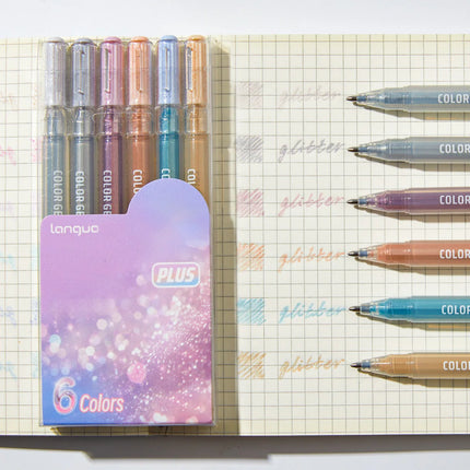 6 Glittering Journal Pens - Vibrant Colors, Perfect for Journaling, Marking, Drawing, Coloring, Writing Greeting Cards, and Holi
