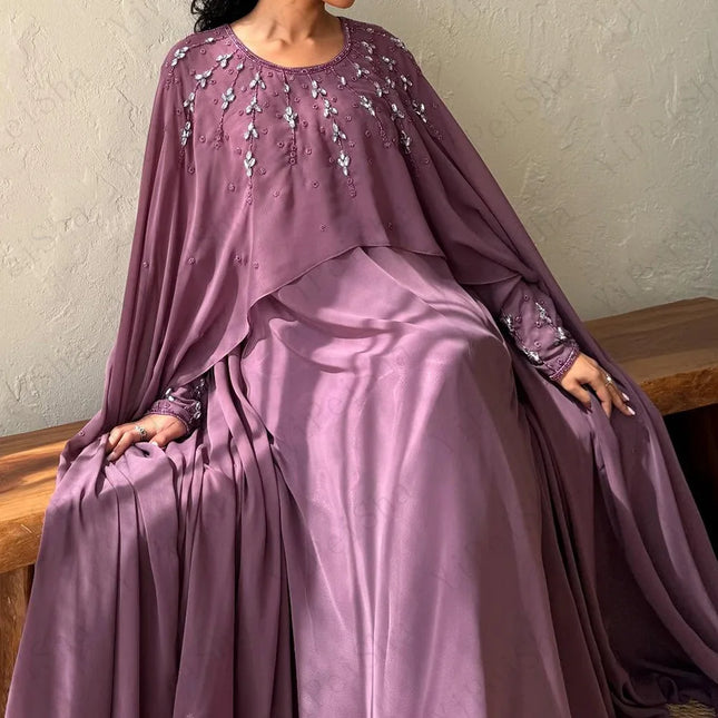 Maßgeschneiderte A-Linien-Abschlussballkleider Bodenlang Rundhals Langarm Abendkleid Modischer Schal Kristall Einfaches Drapiertes Partykleid