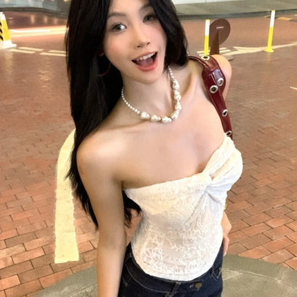 Streetwear Lace Flower Sexy Strapless Vest Women Y2k Aesthetic Bodycon Top Harajuku Grunge Vintage Pleated Camisole