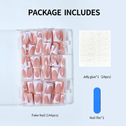 144pcs Duck Nails Simple and classic Elegance White French,Detachable reusable press on acrylic nails including 1 nail file and