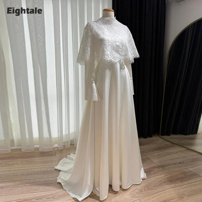 Eightale Vintage Hochzeitskleid Hoher Ausschnitt Lange Ärmel Spitze Maßgeschneidertes Elfenbein Satin Brautkleid Brautpartykleid Vestido De Novia