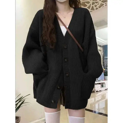 Loose Cardigan Women Long Sleeve V-neck Knitted Black Slouchy All-match Female Autumn Winter Coats Korean Chic Baggy Tops MLQ9