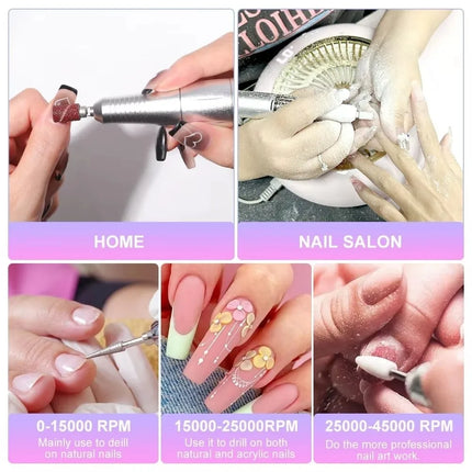 Professional Electric Nail Drill Machine 45000RPM Portable Nail Sander File Rechargeable Low Noise Manicure Salon Tool