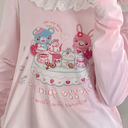 Japanese Girls Cartoon Printing Halter T-shirt Harajuku Grunge Kawaii Cute Loose Tees Women Y2k Aesthetic Lace Patchwork Tops