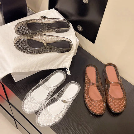 Women's Light Luxury Crystal Jelly Mary Jane Flat Sandals Hollow-out Breathable Closed Toe Summer Casual Non-slip Slip-on Shoes