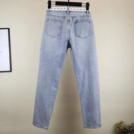 New Summer 2026 Women's Ripped Jeans with Heavy Beaded and Rhinestone,Ladies European Style High Waist Distressed Cropped Pants