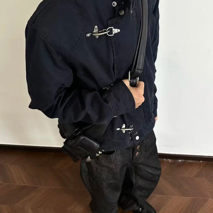 Unisex Turn Down Collar Jacket American Retro Short Workwear Coat Autumn Streetwear Casual Loose Fit Outerwear Man Harajuku New