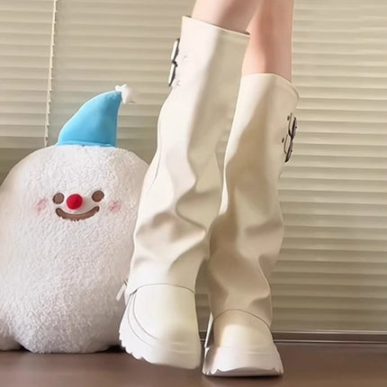 Punk Style Splicing Thick Bottom Women Knee-High Boots Fashion Zipper Female Pleated Knight Long Booties Shoes