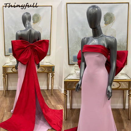 Thinyfull Arab Mermaid Prom Dresses ﻿Strapless Sleeveless Satin Evening Gowns Formal Dress with Bow robes de soirée Customized