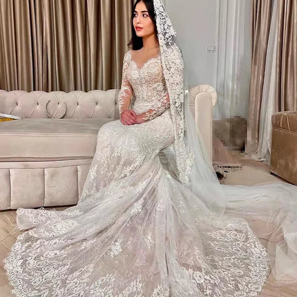 Customized Elegant Mermaid Wedding DressesDetachable Train Romantic Lace Long Sleeve Bride Dresses For Vestidos De Novia