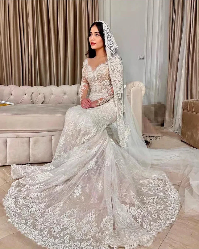Maßgeschneiderte elegante Meerjungfrau-Brautkleider, abnehmbare Schleppe, romantische Spitze, lange Ärmel, Brautkleider für Vestidos De Novia