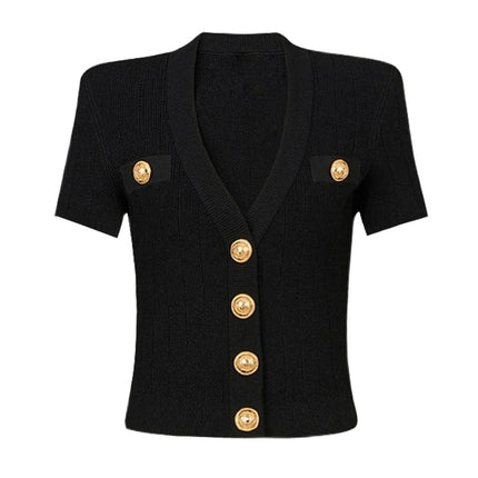 SML Black And White High-quality Fashionable Elastic Knitted Fabric Button Decoration Short Sleeved Slim Fitting Women's T-shirt