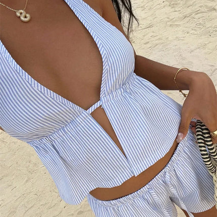 Women Striped Deep V-neck Crop Top Summer Sleeveless Backless Halter Neck Tank Top Beach Streetwear