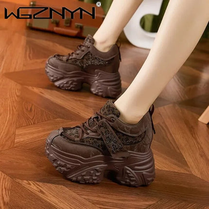 10CM New Microfiber Leather Rhinestone Bling Daddy Tide Breathable Platform Fashion Comfy 2025 High Brand Autumn Spring Shoes