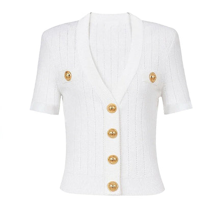 SML Black And White High-quality Fashionable Elastic Knitted Fabric Button Decoration Short Sleeved Slim Fitting Women's T-shirt