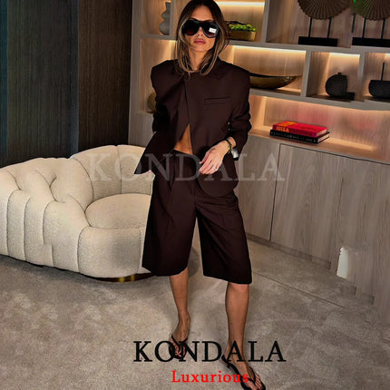 KONDALA Women Office Lady Casual Chic Brown Blazer Suit Long Sleeve Blazer Zipper Half Pants Fashion 2026 Spring Summer Suit
