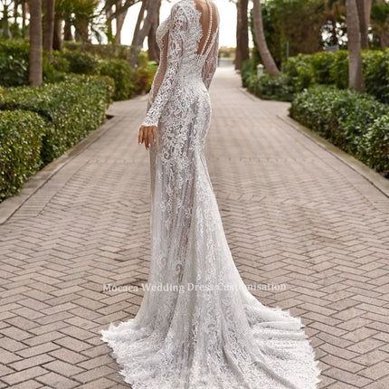 Mocaca Customized Beaded Lace Wedding Dress Elegant Illusion Mermaid Bridal Gown Long Sleeve Dresses For Bride Vestido De Novia