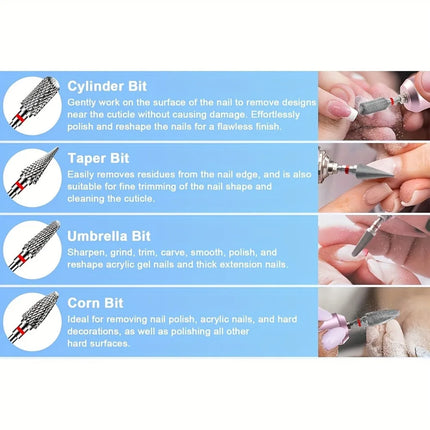 5 pcs Tungsten Carbide Nail Art Drill Bits for Removing Acrylic and Gel, 3/32 Inch Nail Art Tools for Nail Salon and Home Use