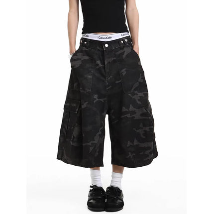 YIBASHU Women Cargo Short Jeans American Vintage Y2K 2000s Streetwear Camouflage Wide Leg Pants Summer Knee Length Denim Shorts