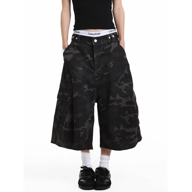 YIBASHU Women Cargo Short Jeans American Vintage Y2K 2000s Streetwear Camouflage Wide Leg Pants Summer Knee Length Denim Shorts