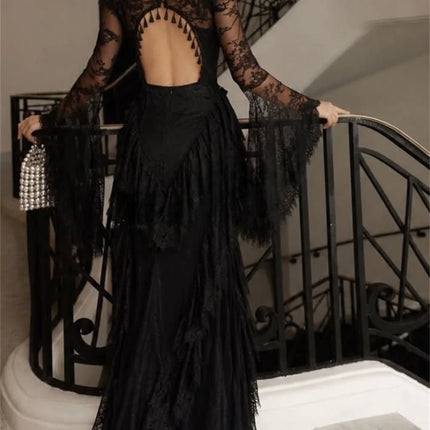 Elena Lace High Black Mermaid Formal Evening Gown Gothic Victorian Aesthetic Neck Sheer Illusion Modest Evening Wear Customized