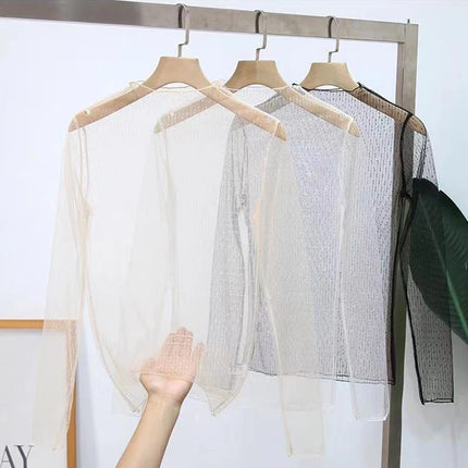 Sexy Mesh Perspective Top Ladies Sheer Blouses Women Lace Floral T Shirt See Through Long Sleeve Tee Shirts Sunscreen Tops