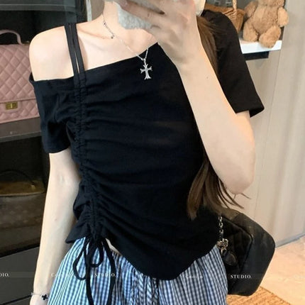 Sweet One Shoulder Drawstring Short Sleeve T Shirt Women Summer Off Shoulder Top Elegant Sexy Solid Color Cropped Basic Blouse
