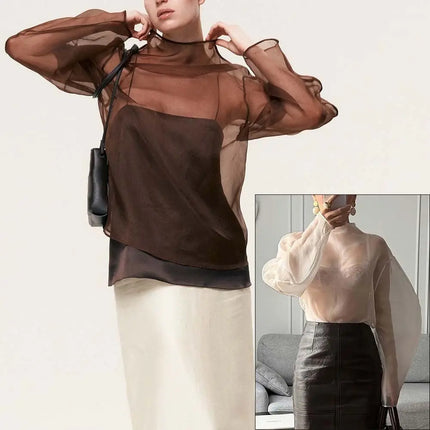 Chic Long Sleeve Mesh Blouse Half-high Collar O Neck Gauze Blouse See Through Cropped Blouse Lady Daily