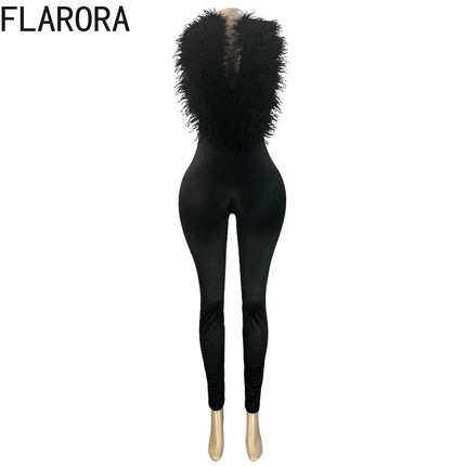 FLARORA Sexy Faux Fur Jumpsuits Woman Halter Deep V Neck Sleeveless Backless Bodycon One Piece Playsuits Elegant Party Clubwear