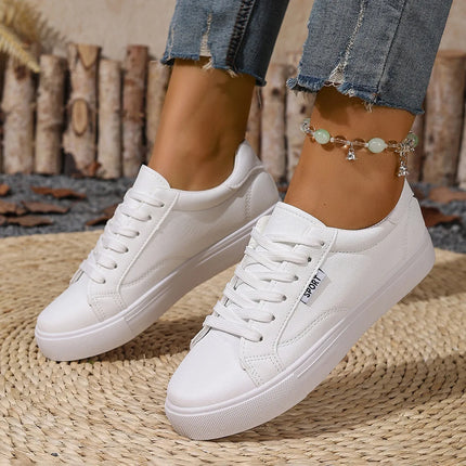 White Shoes Women's Spring Autumn Flat Bottom Leather Sneakers Casual Lace Up Students College Style Board Shoes Female
