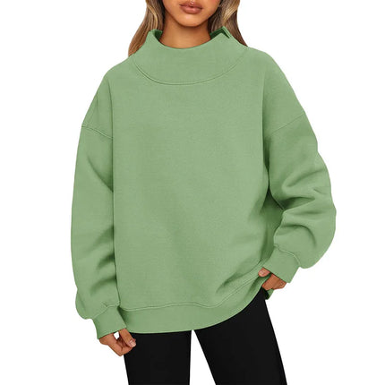 Casual Commuter Comfort Pullover Loose-Fit Solid-Color Half-High Neck Crew Neck Sweatshirt Top