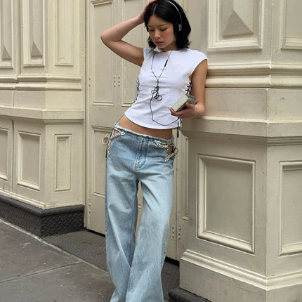 Sexy Women's Jeans Hollow Out Straight Female Denim Pants 2026 Summer Fashion High Street Rhinestone Embellished Lady Trousers