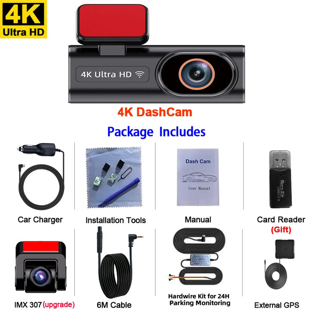 4K Dash Cam Front and Rear Dual Lens Car DVR Camera with WiFi GPS 1080P Night Vision 170° Wide Angle Parking Monitor Loop Record