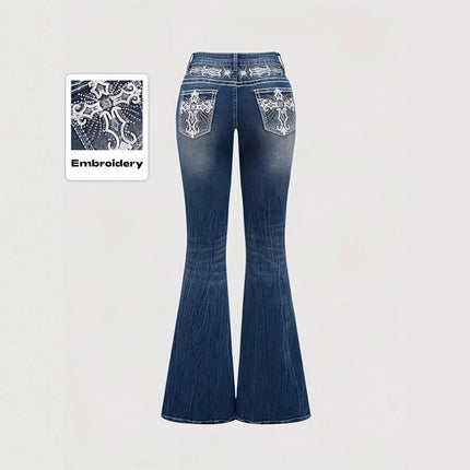 Slimming Micro Flare Pants Polyester Elastic Printed And Embroidered Denim Look Bottoms for Women Elegant Fashionable