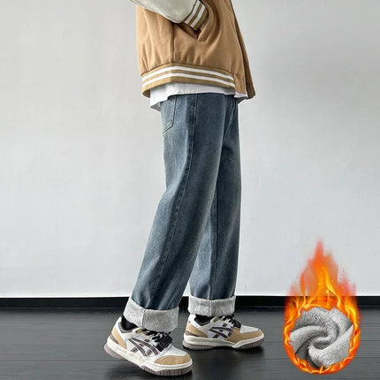 4 Colors Winter Fleece Men's Jeans Baggy Straight Elastic Waist Denim Pants Fashion Korean Thickened Warm Male Thermal Trousers