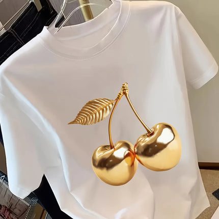 Women'S Golden Cherry Print Short Sleeve Stylish Round Neck Perfect for Spring Outfits Cherry Themed Items Aesthetic Clothes