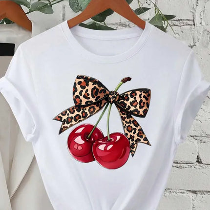 Fashion Cherry Print Women T-Shirt Short Sleeve Crew Neck Casual Tops for Summer Spring Women's Clothing Tops Tees