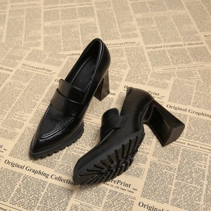 Elegant Black British Style Square Head Flats Women's High Heels Chunky Heel Shoes Comfortable Low Rubber Sole Fashion Footwear